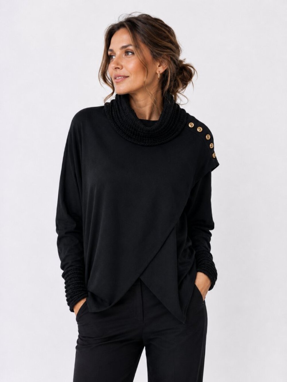 Joseph Ribkoff Black Asymmetrical Cowl Neck Button Top Tunic Size 10